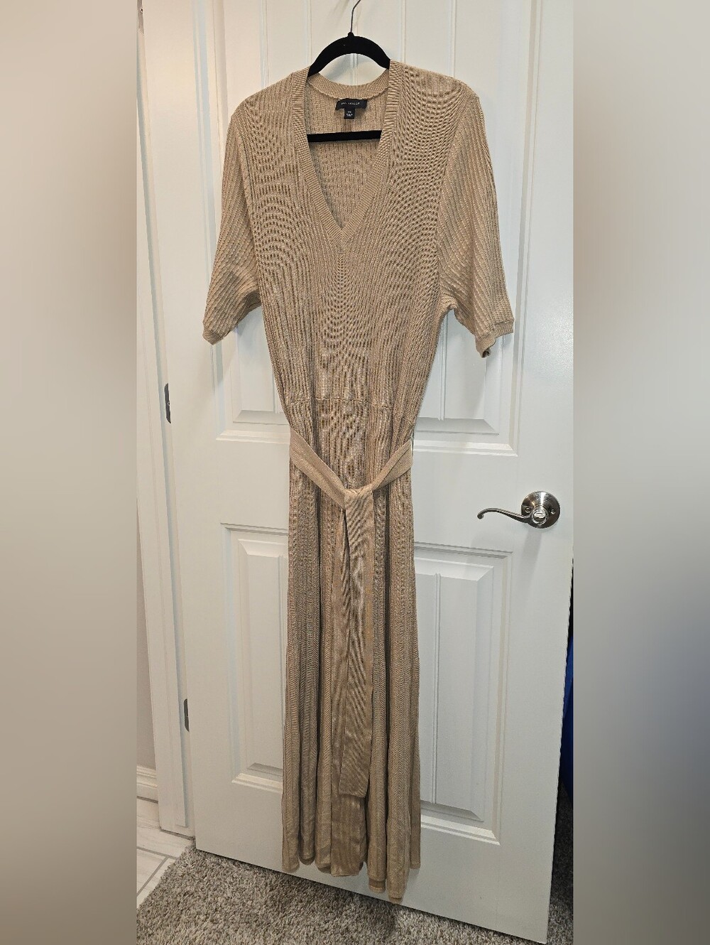 Ann Taylor Pleated Sweater Knit Midi Dress XXL Neutral Beige Tie Waist